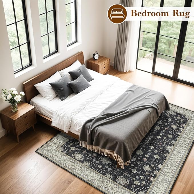LBRO2M Black Washable Rugs 5X7 for Living Room Bedroom Vintage Non Slip Rugs Easy Clean, Low Piles Stain Resistant Carpet Distressed Area Rug Great for Pets and Family (5'X7' Charcoal Black)
