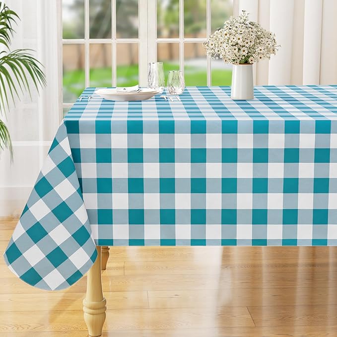 misaya Rectangle Waterproof Vinyl Table Cloth, Buffalo Flannel Backed Tablecloth, Wipeable Plastic Table Cover for Dinner, Kitchen, Outdoor (54" x 78", Turquoise and White)