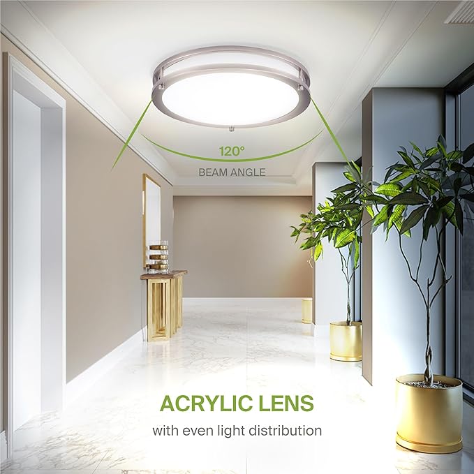 ASD LED 12" Round Flush Mount Lighting, Close to Ceiling Light Fixture | 3CCT, Dimmable, Energy Star, ETL Listed | 20W 1532LM 3000-5000K 120V | Low Profile Double Ring Lamp | Nickel