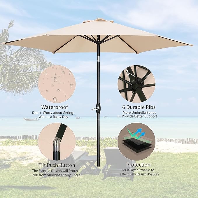 HYD-Parts 9FT Patio Umbrella Outdoor Table Umbrella,Market Umbrella with Push Button Tilt and Crank for Garden, Lawn, Deck, Backyard & Pool, with a Base (Khaki)