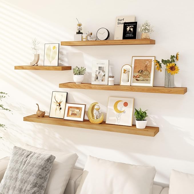 Fun Memories 55 Inch Floating Shelves, USA-Sourced Rustic Elm Wood Floating Shelves Wall Mounted, Wall Shelves with Invisible Bracket for Living Room Bathroom Bedroom Kitchen(Natural, 55"x 8")