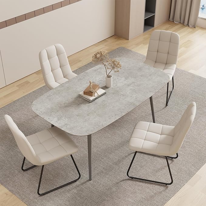 55.1'' Dining Table Set for 4,Modern Wood Dining Table,Leather Dining Chairs 4,Table and Chairs Set of 4,Ideal for Kitchen Dining Room (Gray Table + 4 U-Shaped White Chairs, 55.1")