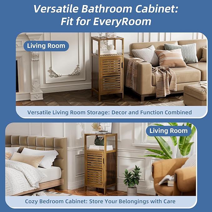 HITNET Bathroom Cabinet, Bamboo Floor Cabinet Free Standing, 4 Tier Sofa Side Storage Cupboard for Living Room Kitchen Bedroom, Walnut