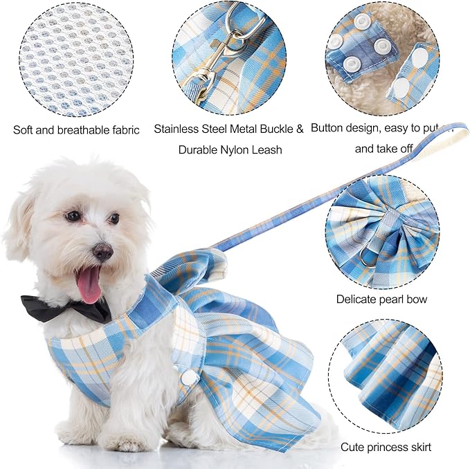 4 Pcs Cute Plaid Dog Dress Set with Bow Tie Harness & Leash for Small Dogs, Puppy Clothes for Girls Outfits(M,Dark Color)