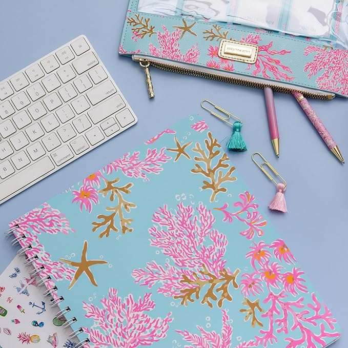 Lilly Pulitzer Pencil Case with Planner Accessories for Adults, Agenda Bonus Pack Includes Stickers, Click Pen, Mini Notepads, Bookmarks, and Zipper Pouch (Royal Coral)