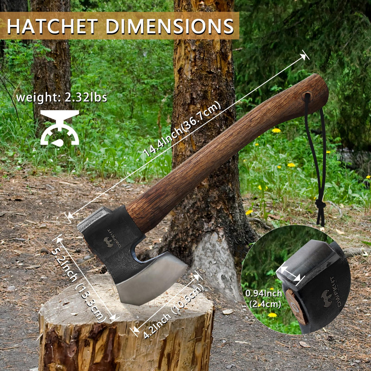 14.4" Hatchet, Camping Axe, Survival Axe with Sheath, Bushcraft Hatchet with 1065 Carbon Steel and Beech Handle for Wood Chopping – Perfect for Outdoor Survival and Adventures