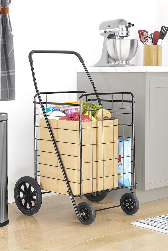 Whitmor Extra Large Utility Foldable Shopping Cart with Wheels, 100 Lb Capacity, Heavy Duty Grocery Cart with Steel Frame, Foam Handle, Rolling Collapsible Utility Trolley for Grocery, Laundry, Black