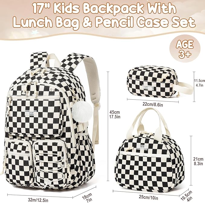 Fimibuke School Backpack for Girls Boys - 3PCS Corduroy Kids Backpack Set with Lunch Box & Pencil Pouch, Lightweight Teen Girls School Bag Laptop Bag Travel Daypack for Elementary Middle High School