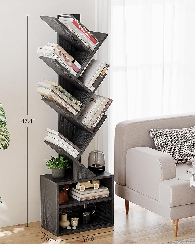 SUNMORY 6 Tier Tree Bookshelf, Small Bookcase with Storage Cabinet, Modern Narrow Bookshelves Organizer, Floor Standing Book Shelf for Bedroom/Living Room/Home Office/Corner, Black