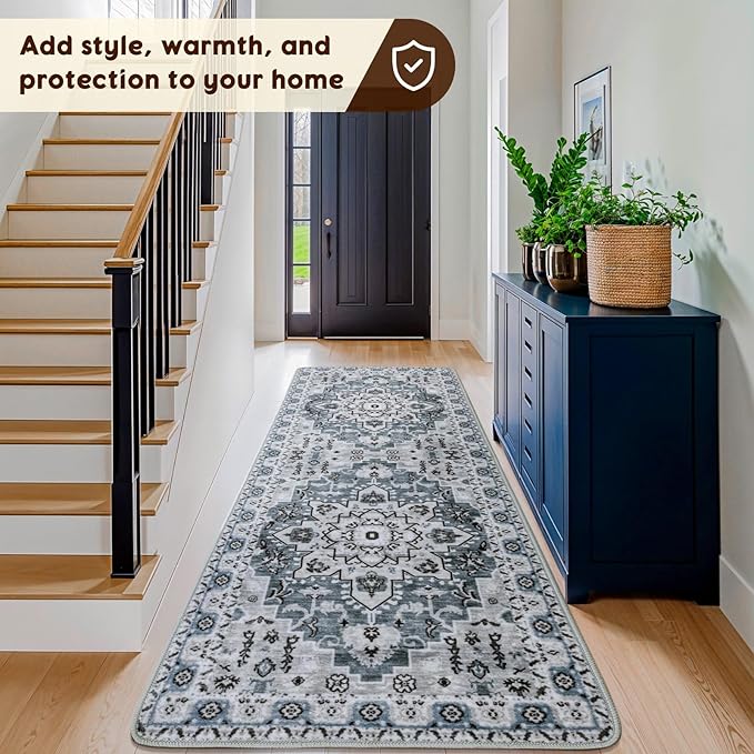 LBRO2M Boho Washable Runner Rug 2'6“X8’ Dusty Blue Washable Hallway Runner Rugs Non Slip Low Piles Rugs, Soft, Area Rug Runners for Hallways, Bedroom, Kitchen Laundry Room (2'6"X8', Dusty Blue)