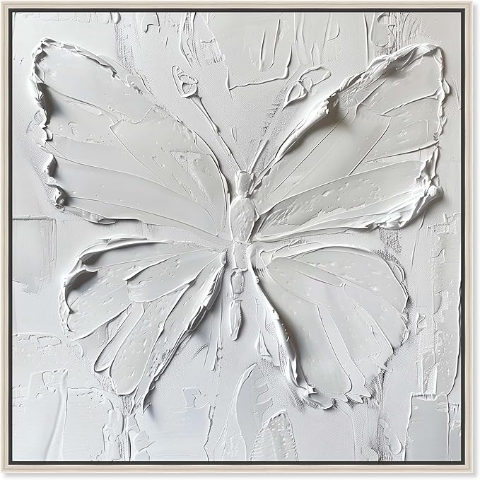 Art Remedy White Butterfly Canvas Elegant White Gold Wall Art, Silver Frame, 12" x 12"