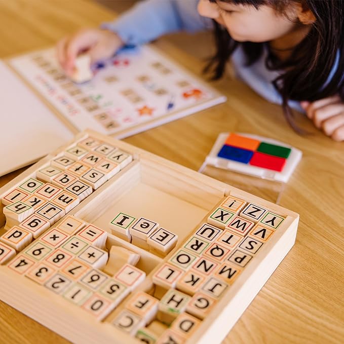Melissa & Doug Deluxe Letters and Numbers Wooden Stamp Set ABCs 123s With Activity Book, 4-Color Stamp Pad - FSC Certified