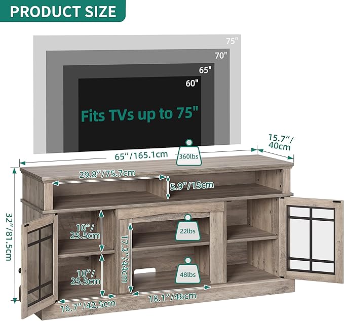YITAHOME Modern TV Stand for 75 Inch TV, LED Entertainment Center with Adjustable Shelves and Glass Doors, 32'' Tall Television Stands TV Media Console Table for Living Room, Pine Grey