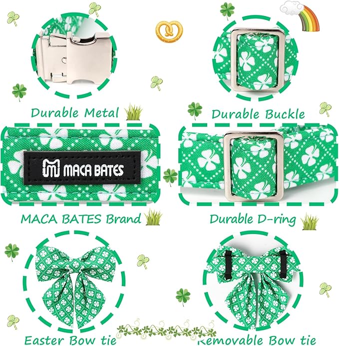 Maca Bates St. Patrick's Day Shamrock Dog Collar,Sailor Bow,Small Girl Boy Dogs, Checkered Lucky Clover Pattern,Adjustable Durable Soft Checkered Collars Irish Gift for Male Female Puppy