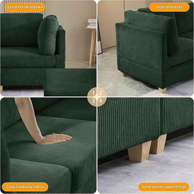 126" Convertible L-Shaped Modular Sectional Sofa, 4 Seater Corduroy Upholstered Corner Sofa Couch with Extra Wide Deep Seat, DIY Combination Lounger Sofa with Solid Wood Legs for Living Room Office