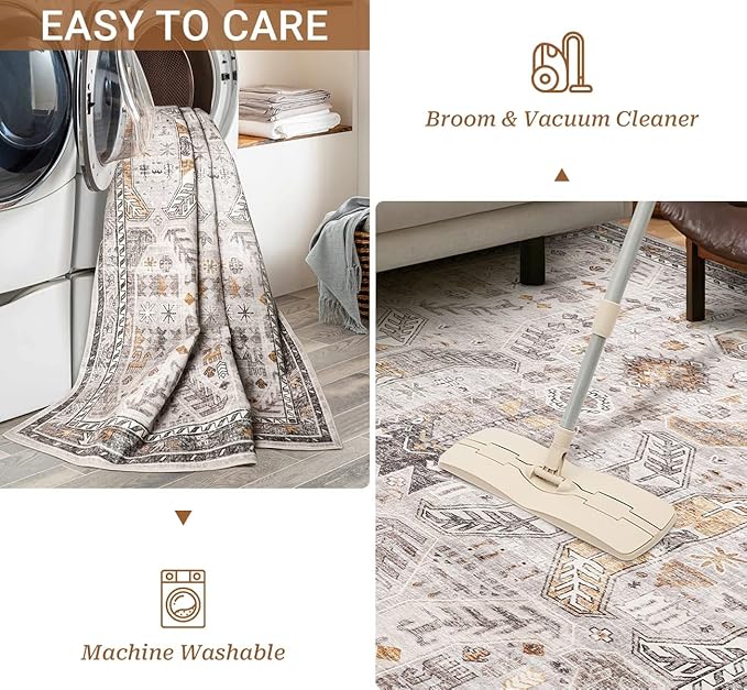 5x7 Area Rugs for Living Room,Stain Resistant Washable Rug,Non-Slip Backing Rugs for Bedroom,Kitchen,Printed Vintage Home Decor Rug (Brown/Gold, 5'x7')