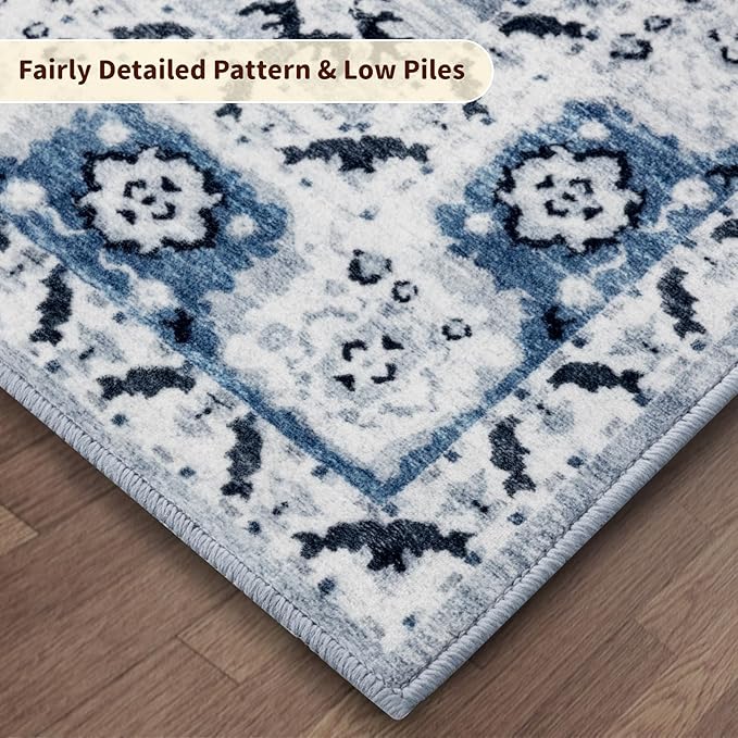 LBRO2M Boho Area Rug 5X7 Washable Rugs for Bedroom Low Piles Indoor Rugs, Non Slip Soft Carpet for Living Room, Dining Room, Blue Rug Foldable Pet Friendly Area Rugs Stain Resistant (5'X7' Light Blue)