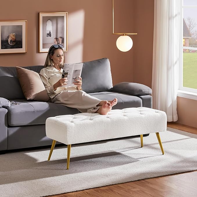 Yaheetech Modern Ottoman Bench Boucle Bench Upholstered Footrest for Living Room with Gold Metal Legs and Padded Seat Ivory
