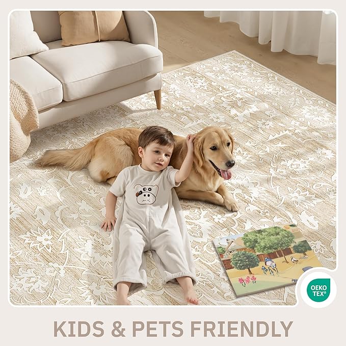 Living Room 10x14 Area Rugs, Washable Low Pile Non-Slip Stain Resistant Extra Large Thin Rug, Vintage Soft Throw Carpet for Dining Room Bedroom Farmhouse Home Office Decor Beige