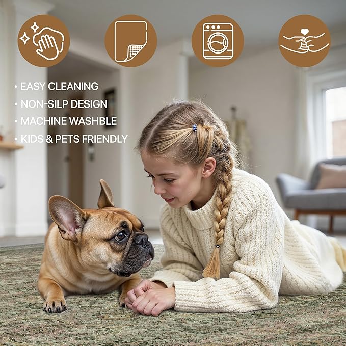 2x10 Runner Rug Machine Washable Boho Rug Runners for Hallway,Ultra-Thin Low Pile Rug,Lightweight Indoor Carpet,Non Slip Floral Runners for Enrtyway, Corridor, Home Office, Kitchen,Sage