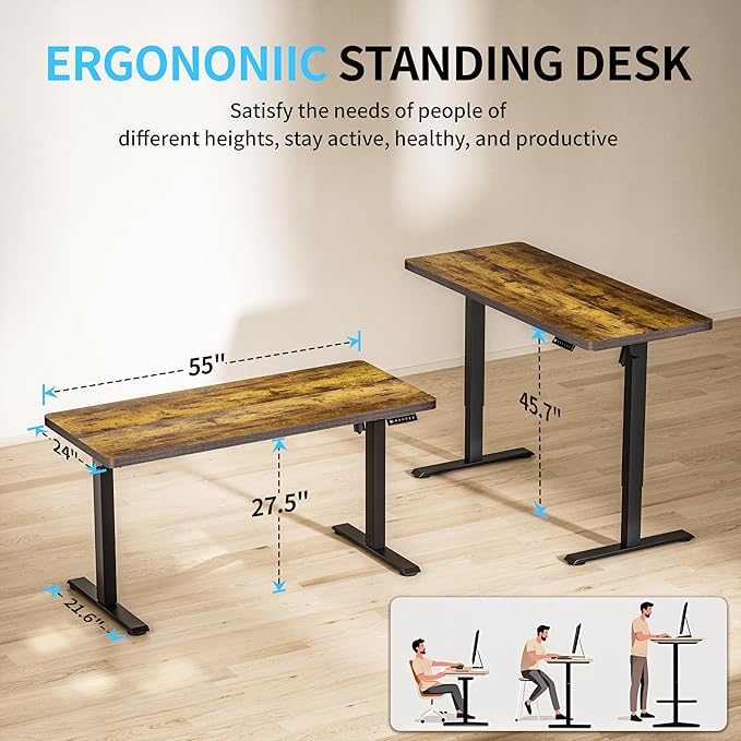 BIZUM Electric Standing Desk, 55" x 24" Height Adjustable Desk, Rustic Brown Sit to Stand Desk Memory Gaming Computer Workstation for Home Office