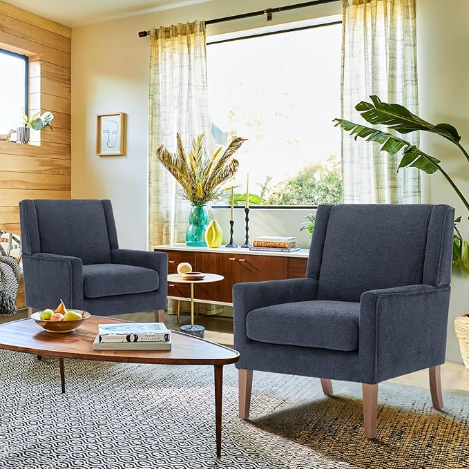 COLAMY Modern Wingback Living Room Chair Set of 2, Upholstered Fabric Accent Armchair, Single Sofa Chair with Lounge Seat and Wood Legs for Bedroom/Office/Reading Spaces, Blue