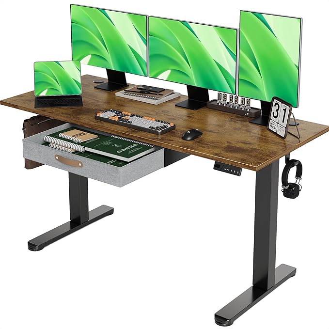 Seang Standing Desk with Drawer, 55" x 24" Height Adjustable Stand Up Desk, 3 Memory Height Settings with Cable Grommets & Storage Hooks, Ideal for Home & Office, Rustic Brown