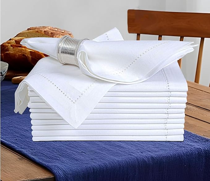 Bedding Craft Cotton Cloth Dinner Napkins Set of 12 – 18x18 White with Hemstitched Mitered Corners – Machine Washable Fabric Napkins for Weddings, Dinner Parties & Table Decorations