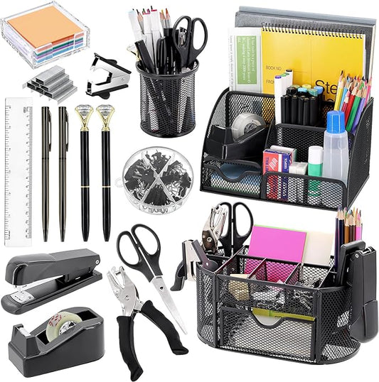 17 in 1 Black Desk Organizers and Accessories Set, 3 Office Desk Supplies Storage Organization, 4 Pens, Stapler, Staples & Remover, Tape & Dispenser, Scissors, Ruler, Clips, Hole Punch, Back to School