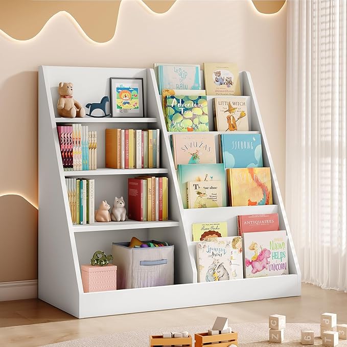 Tatub 6 Tier Kids Wooden Bookshelf and Toy Storage, Children Toy Organizer with Book Shelves, Toddler BookRack Baby Bookcase for Nursery, Playroom and Classroom, White