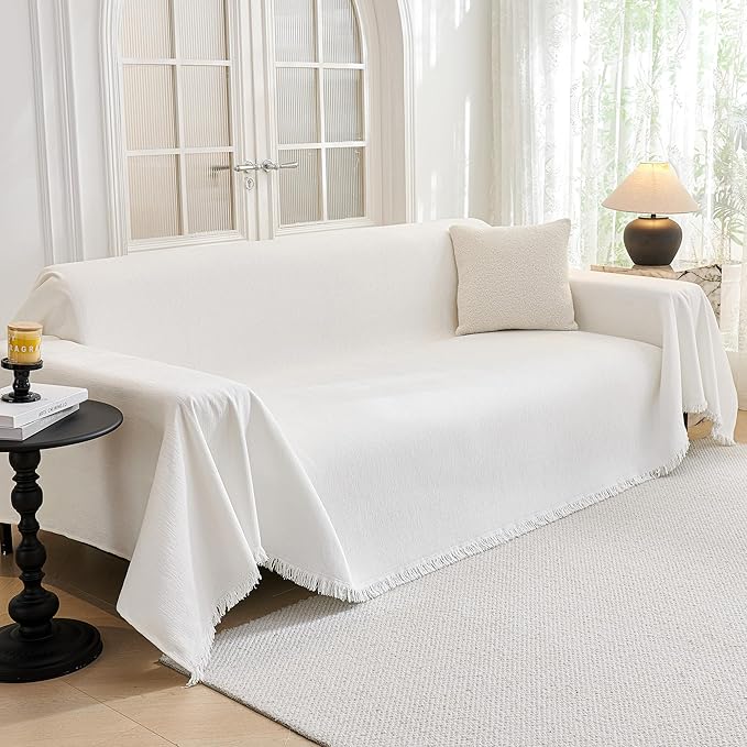 MYSKY HOME Couch Cover for Dogs Washable Couch Covers Couch Covers for Dogs Couch Cover 2 Cushion Sofa Non Slip Dogs Furniture Protector with Tassels Chenille Sofa Covers for Pets, 71"x102", White