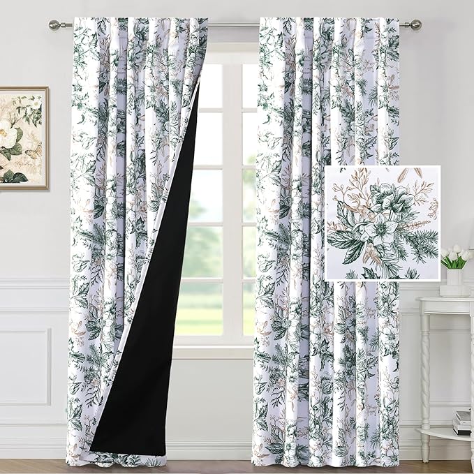 H.VERSAILTEX 100% Blackout Window Curtain Panels Light Blocking Drapes with Black Liner Thermal Vintage Floral Draperies Back Tab/Rod Pocket Curtains for Bedroom(2 Pieces, 52 x 96 Inches, Moss/Wheat)