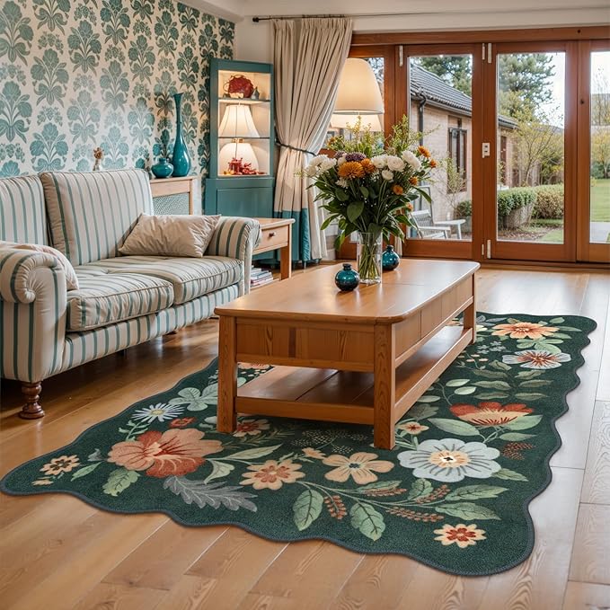 Lahome Floral Washable Rug- 4x6ft Green Bedroom Girls Ultra-Thin Soft Living Room Non-Slip Stain Resistant Boho Lightweight Throw Rug for Nursery Office, Dark Green