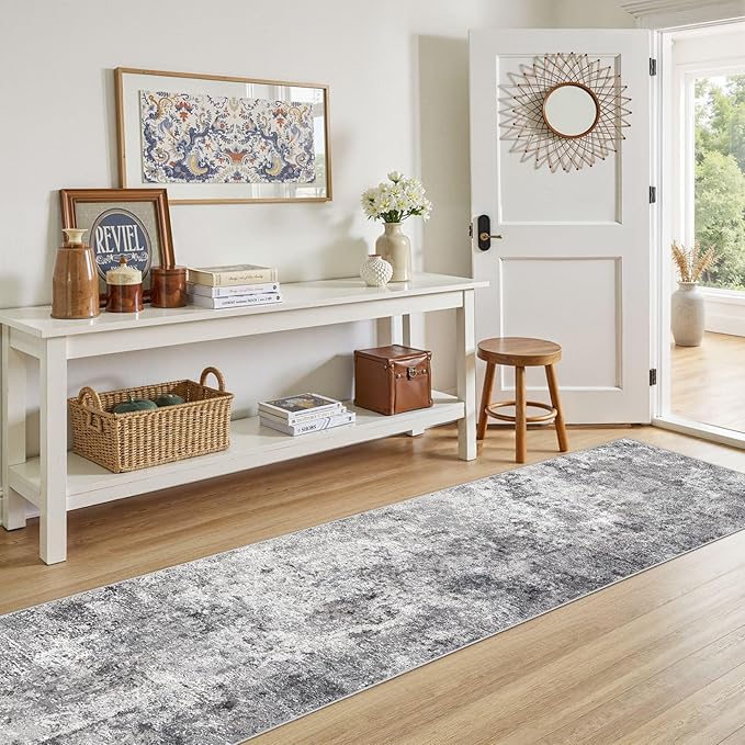 2X8 Washable Runner Rug for Hallway: Soft Neutral Modern Abstract Area Rug - Non-Slip Low Pile Long Throw Indoor Carpet for Kitchen Entryway Kitchen Bedroom Laundry - Grey