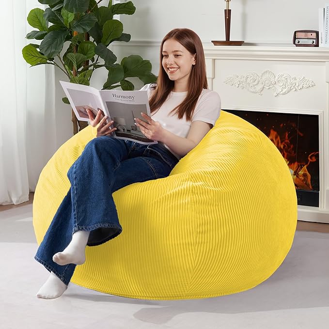 Homguava 4FT Bean Bag Chair for Adults,Teardrop Bean Bags Big Beanbag Chair with Memory Foam Filled and Ultra Soft Removable Corduroy Cover for Living Room, Bedroom (Yellow)