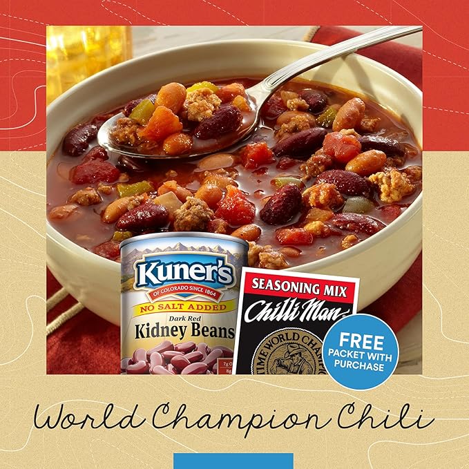 Kuner?™s No Salt Added Canned Kidney Beans with FREE Chili Seasoning Mix, Plant Protein and Fiber, Gluten Free, Vegan, Fat Free, 12 Pack of 15.5 oz Cans and Chili Seasoning Packet