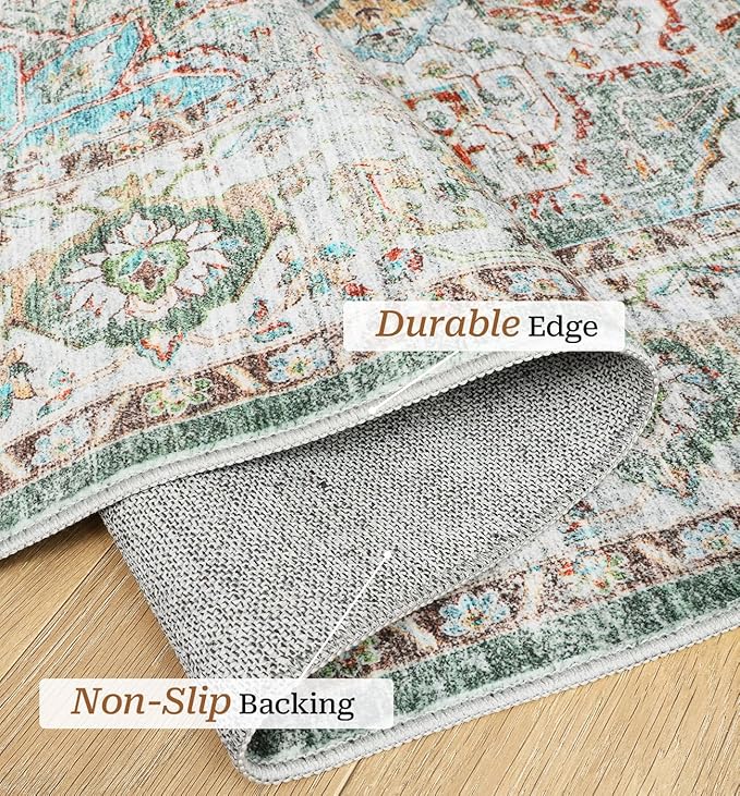 5x7 Area Rugs for Living Room,Stain Resistant Washable Rug,Non-Slip Backing Rugs for Bedroom,Kitchen,Printed Vintage Home Decor Rug (Green, 5'x7')