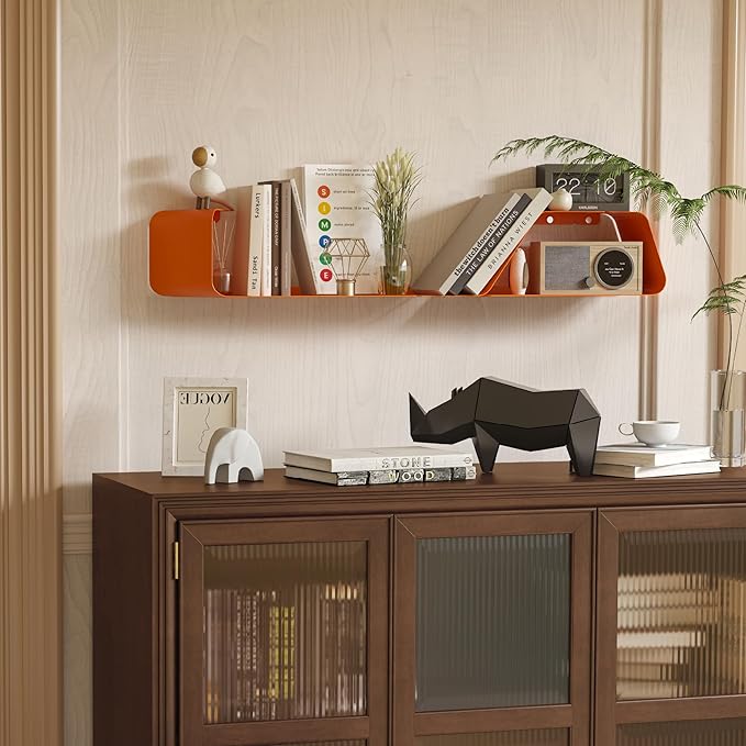 Floating Wall Shelves Set of 3, Metal Mounted Shelf with Unique Design, Bookshelf for Storage & Display in Bathroom, Bedroom, Kitchen, Living Room, Orange Home Decor