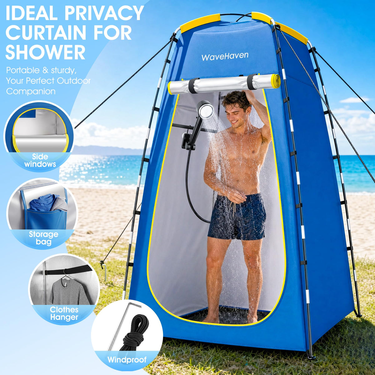 WaveHaven Portable Camping Shower, Portable Shower with Tent, 8000mAh Rechargeable Camp Shower Pump with LED Display&Ambient Light,5 Spray Modes,IPX8 Waterproof,Outdoor Camping Shower Kit for Travel
