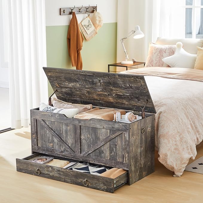 HOOBRO Storage Chest, 39.3" Toy Chest with Drawer, Wooden Storage Bench, Sturdy Entryway Bench Supports 220 lb, Shoe Bench, Safety Hinge, U-Shaped Opening, Easy Assembly, Vintage Gray VP710CW01G1
