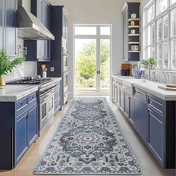 LBRO2M Boho Hallway Rug 2'X10’ Washable Runner Rugs Non Slip Low Piles Rugs Vintage, Soft, Dusty Blue Area Rug Runners for Hallways, Bedroom, Kitchen Laundry Room Pattern Print (2'X10', Dusty Blue)