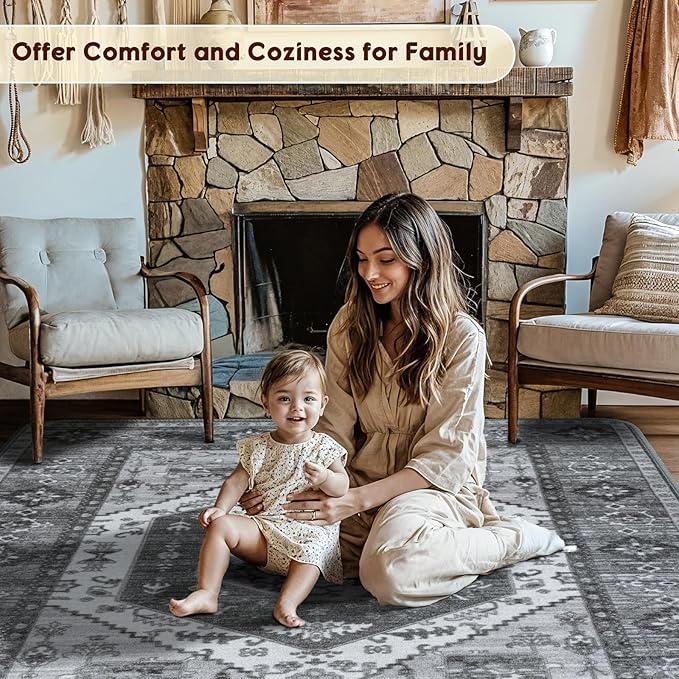 LBRO2M Boho 4X6 Rug Washable Rugs for Bedroom Non Slip Indoor Carpst, Soft Low Piles Rug Dark Gray Foldable Rugs for Living Room Pet Friendly Area Rugs Stain Resistant (4'X6' Dark Gray)