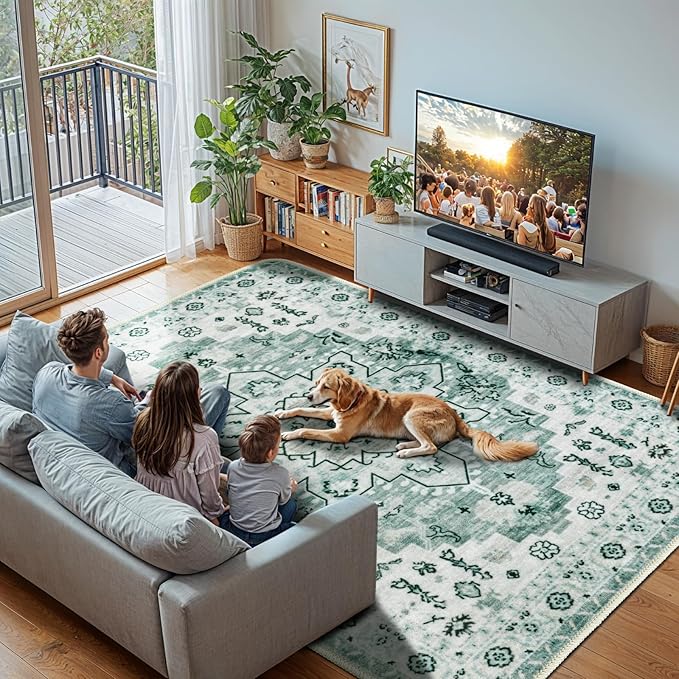 LBRO2M Boho Area Rug 9X12 Washable Rugs for Bedroom Low Piles Indoor Carpet, Non Slip Soft Rug for Living Room, Dining Room, Green Rug Foldable Pet Friendly Area Rugs Stain Resistant (9'X12' Green)