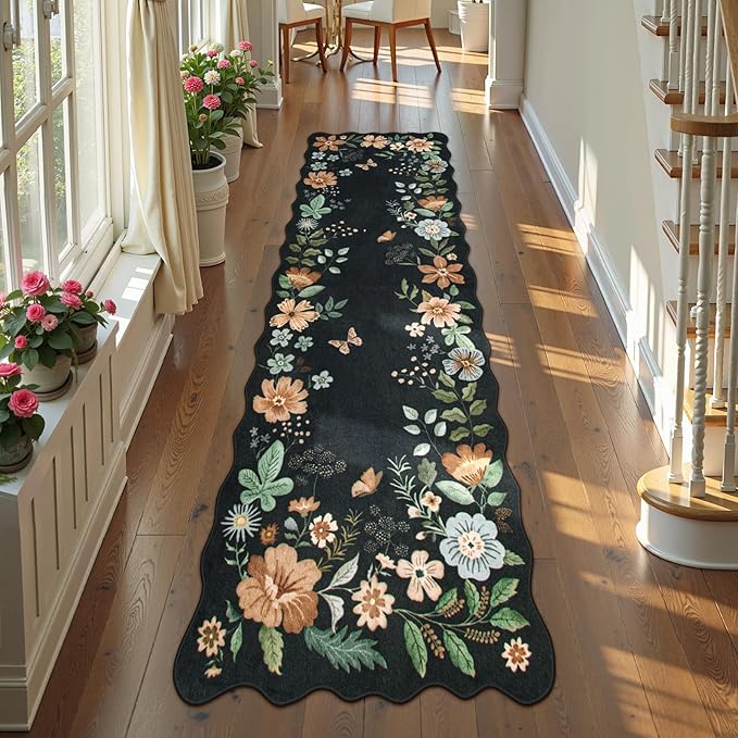 Lahome Floral Runner Rug for Hallways, 2'6''x8' Kitchen Runner Non Slip, Soft Washable Hallway Rugs with Rubber Backing Carpet for Laundry Bedroom Bathroom(Black/Grey)