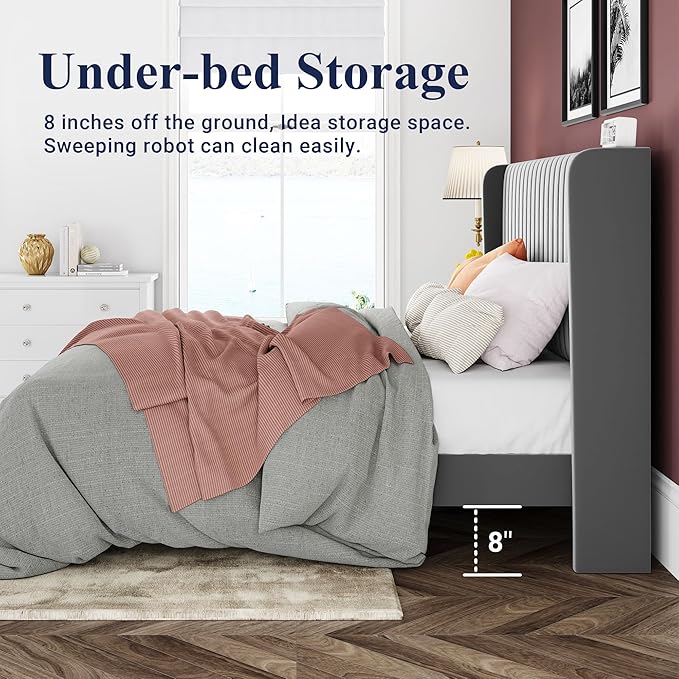 Allewie King Size Velvet Bed Frame/Vertical Channel Tufted Wingback Headboard/Upholstered Platform Bed/No Box Spring Needed/Strong Wooden Slats/Easy Assembly/Grey