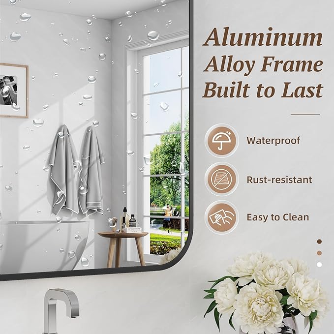 Bathroom Mirrors for Over Sink 36" x 36", Black Metal Frame Rounded Corner Rectangle Wall Mirror, Modern Farmhouse Vanity Mirror(Horizontal/Vertical)