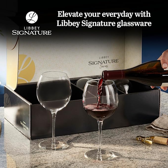 Libbey Signature Balloon Wine Glasses Set of 4, 24 Oz Elegant Large Red Wine Glasses, Red Wine Glass Gift Set for Weddings, Birthdays, and More