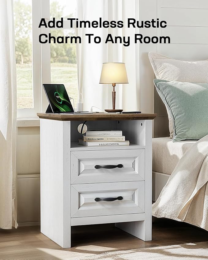 Marsail Farmhouse Nightstand with Charging Station, Bedside Table with 2 Drawers Storage and Open Shelf, Bedside Cabinet for Bedroom, Rustic Side Table, Two-Tone Finish