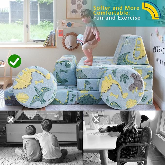 MeMoreCool Modular Glow Sofa for Kids, 8-Piece Convertible Foam Couch Play Set with Glowing Dinosaur Design for Toddlers and Playroom