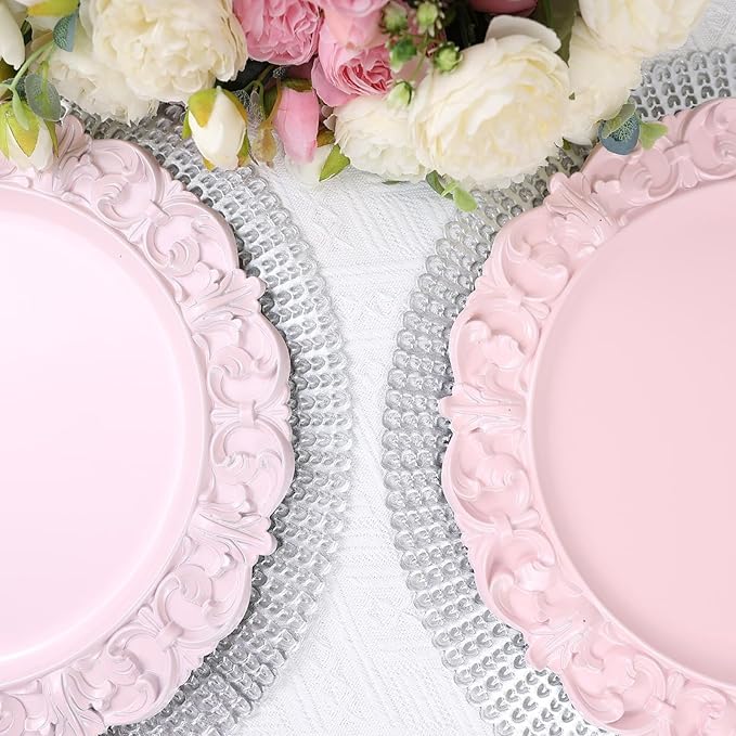 13" Pink Charger Plates, Set of 6 Plastic Textured Chargers for Dinner Plates with Embossed Rim, Table Décor, Party, Wedding, Holiday
